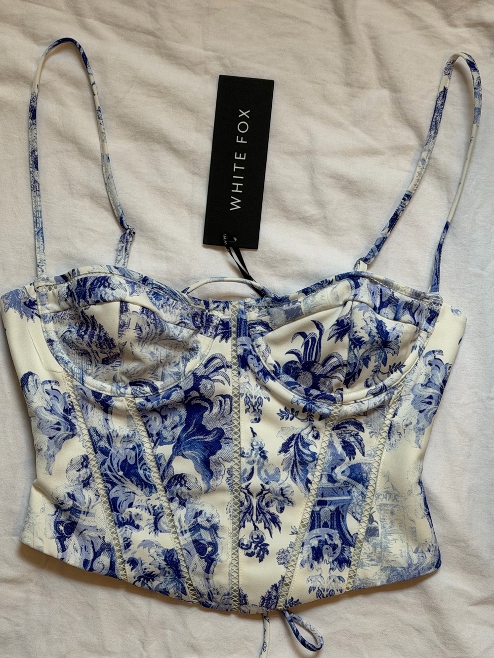 White Fox Boutique Blue & White Floral Bustier Crop Top